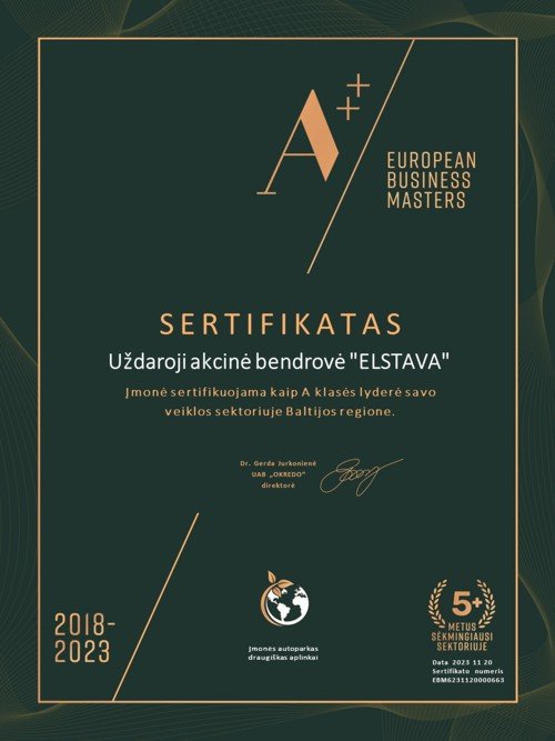 EUROPEAN BUSINESS MASTERS 2018-2023 sertifikatas UAB ELSTAVA